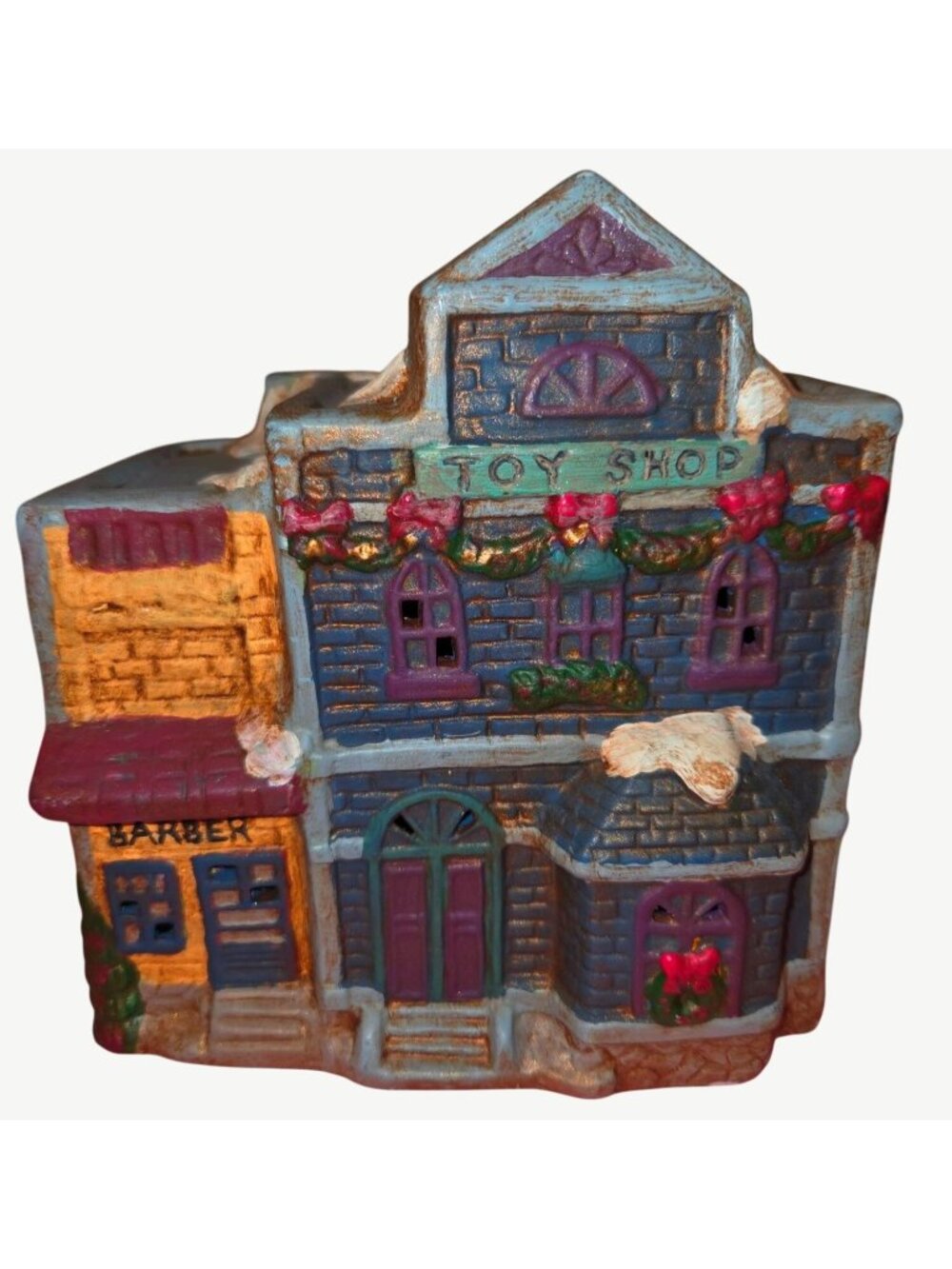 1995 A Collection Ceramic Toy Shop & Barber Holiday Village House Decoration